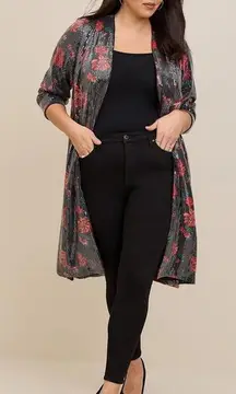 Torrid Black Red Floral Sequins Open Front Long Kimono Jacket Holiday NYE - 1X