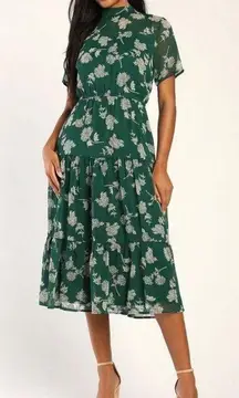 dark green flowy chiffon floral midi dress size large