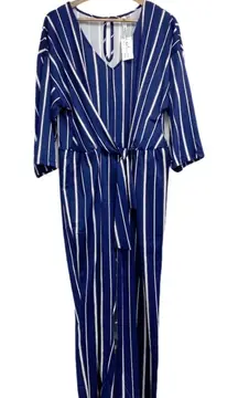 NY Collection Women‎ Jumpsuit 2X Striped Navy Stretchy Wide Leg Plus Size Career