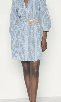 ZARA Crochet Daisy Blue & White Gingham Rattan Belted‎ Mini Dress Size Med
