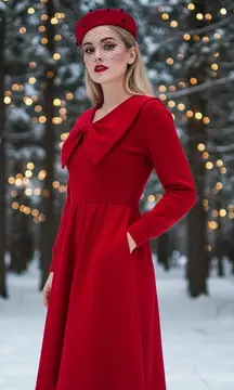 Vtg Ciao Ltd I. Magnin Red Wool Exaggerated Bow Long Sleeve Dress