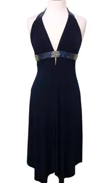 Cache Midnight Blue Beaded Halter Handkerchief Hem Dress 12 EUC