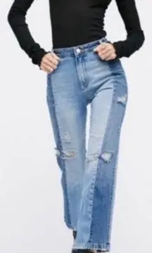 Free People Patchwork Two Toned Distressed Crop Patch Jeans Hippie Boho Sz 25