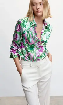 MANGO Italian Fabric Floral Satin Relaxed Button‎ Up Shirt Green Size 4