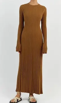 H&M Ribbed Knit Bodycon Midi Dress Mockneck Long Sleeve Brown Women's 4