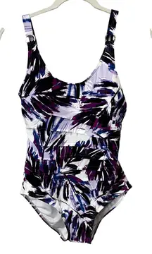 Calvin Klein One Piece Swimsuit Tropical Leaf Print Purple White Black Size 10