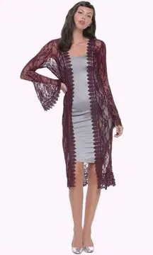 Full Circle Trends Long Plum Lace Kimono Duster Bell Sleeves Size XL NWT