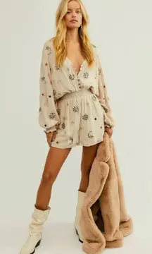 Free People Under The Stars Embroidered Romper Sequin Celestial Bohemian Size XS