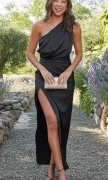 PETAL & PUP  NADIA One-Shoulder Satin Maxi Dress Black 10 NWOT