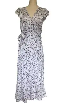 THE DROP CARLYNMIRAND Floral Wrap Midi Dress Size Small White Purple Bow Tie