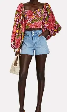 FRAME Double-Button High Waist Denim Jean Shorts Caye Wash Raw Hem 24 NEW $195