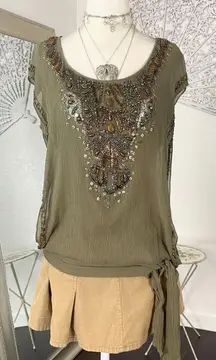 Rare Vintage Caché Khaki Green Brown Gold Beaded Bohemian Silk Top L