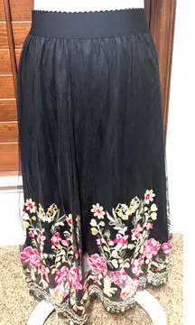Magic Black Skirt Floral Embroidered Mesh overlay midi whimsigoth Fairy Goth L