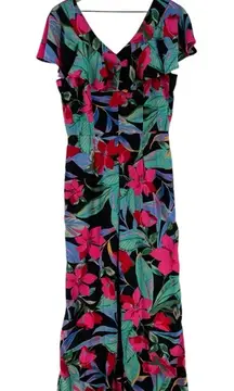 Cupio Tropical Floral Print‎ Chiffon Ruffle Flutter Sleeve V Neck Jumpsuit