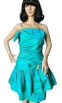 Darcy Vintage 80's prom teal iridescent dress gold accents and bows size small