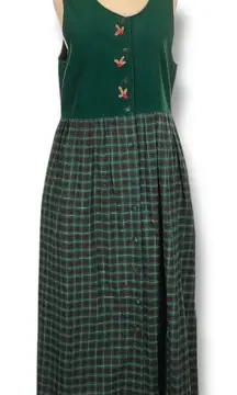 Vintage 80s Susan Bristol Green Plaid Corduroy Jumper Dress Festive Embroidery