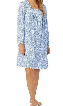 Eileen West Blue White Floral 100% Cotton Long Sleeve Lightweight Nightgown L