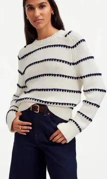 Sweater Textured Cotton Crewneck in Stripe Bright Ivory Navy Stripe S