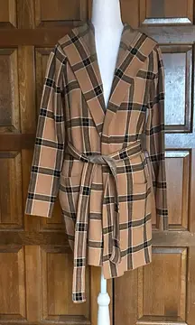 Tahari Cardigan Sweater Medium Tan Brown Plaid Belted Duster Jacket Womens’s