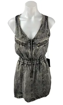 NEW Forever 21 Gray V-Neck Sleeveless Zip Up Mini A-Line Tank Denim Dress Size S