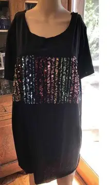 Black Rainbow Metalllic sequins Short Sleeve Tee Shirt  Relaxed Fit cut neck