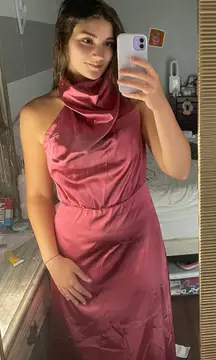 maroon ankle length satin dress