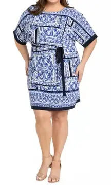 R & M Richards Plus Size Printed Blouson A-Line Dress White/Denim Sz 20W