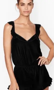 Victoria’s Secret Black Velvet Velour Ruffle Teddy Romper Whimsigoth Fairy Y2K