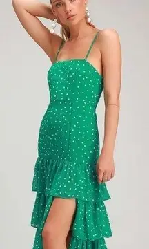 Lulus  Nellie Green Polka Dot Ruffle Tiered Sleeveless Midi Dress Small