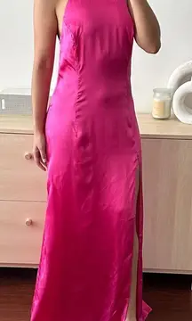 Marciano Guess 100% Silk Dress Womens 10 Maxi Gown Fuchsia Pink Halter Open Back