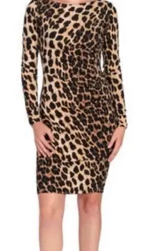 Carmen Marc Valvo Leopard Print Ruched Front Bodycon Long Sleeves Dress Size M