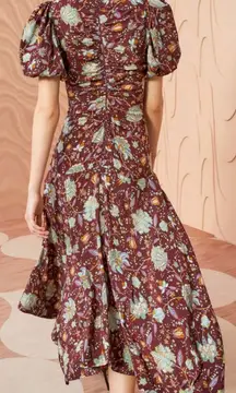Ulla Johnson Dress‎ Silk Floral Puff Sleeve Red Ruched Heleen Midi Dress Size 0