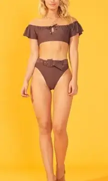 MINKPINK Revolve Brown Ruffle Off-Shoulder Bikini Set Size Small