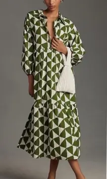 Maeve by Anthropologie The Bettina Tiered Shirt Dress Green & White Triangles XS