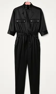 BEBE Black Satin Utility Jumpsuit Sz S Mock Neck Zip Tapered Leg Belted Y2K Goth