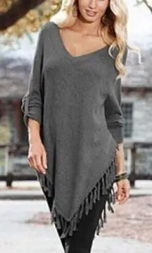 ✨VENUS Gray V-Neck Fringe Tassel Hem Button Cuff Sz S Poncho Sweater✨