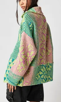 Free People XL Oversized Patchwork Tate Cardi Cardigan Sweater Candy River Combo