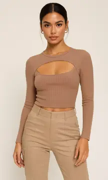 Brave Soul Taupe Ribbed Cut-Out Long Sleeve Top | Size S NWT‎