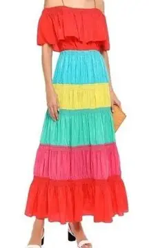 Alice + Olivia  Dress Rainbow Color Block Smocked Tiered Cold Shoulder Lined Maxi