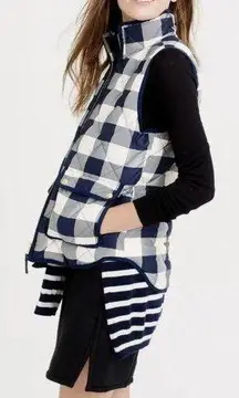 Women's J Crew Excursion Quilted Plaid Buffalo Down Blend Vest Navy Ivory Sz M