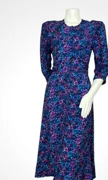 Vintage Floral‎ Dress Women Button-Up Sash Tie Waist Midi Shoulder Pads 80s 90s