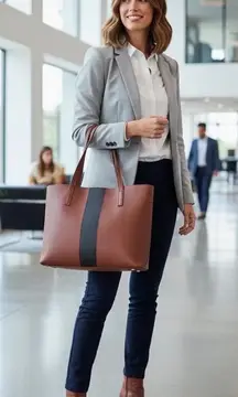 Vince Camuto Brown Faux Leather Tote Bag With Black Stripe Accent  Work Travel