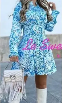 NEW ZARA PRINTED SHIRT DRESS BLUE V NECK RUFFLES‎ LONG SLEEVE WOMENS SIZE S