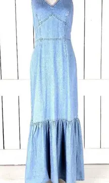 Jeanology 14 blue jean denim long maxi mermaid halter top dress Denim