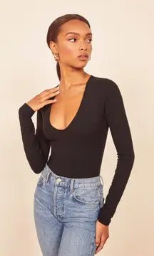 Reformation Indie Long Sleeve Bodysuit XL Ribbed Black Minimalist Tencel Fitted