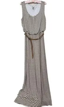 Vintage Robbie Bee Brown Cream Striped Maxi Dress w Belt Minimalist Scoop Neck