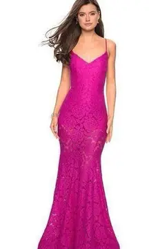La Femme Hot Pink V-neck Stretch Lace Trumpet Dress Size 12