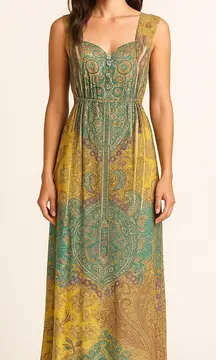 One World Dress Women XL Yellow Green‎ Floral Paisley Maxi Casual Boho Colorful