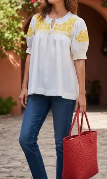 J.CREW Embroidered Cotton‎ Poplin Puff Sleeve Top Blouse Medium