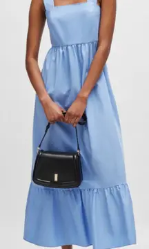 Boss Midi Dress Blue Stretch Twill Wide Crossover Straps Ruffle Skirt size 10